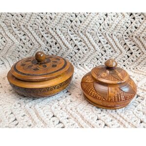 Vintage Hand Carved Wood Trinket Box Set Floral Etched Lidded Decorative Bowls